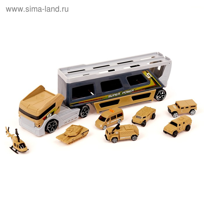 Грузовик &laquo;Трейлер&raquo; с 6 машинами и вертолетом