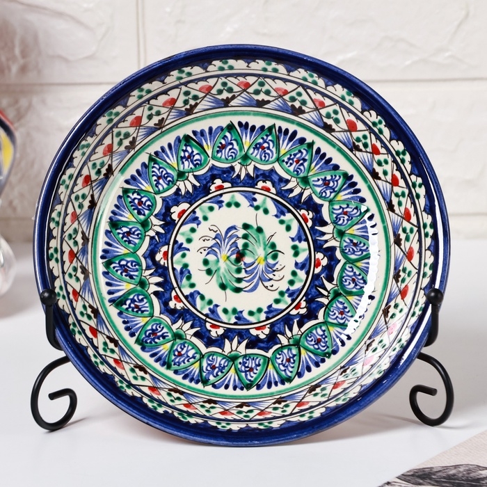 Тарелка Риштанская Керамика Тарелка Риштанская Керамика "Узоры", синяя, глубокая, 20 см