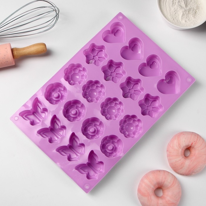 Форма для выпечки Доляна &laquo;Сердце, бабочка, цветок&raquo;, силикон, 29,8&times;19,7 см, 20 ячеек, цвет МИКС