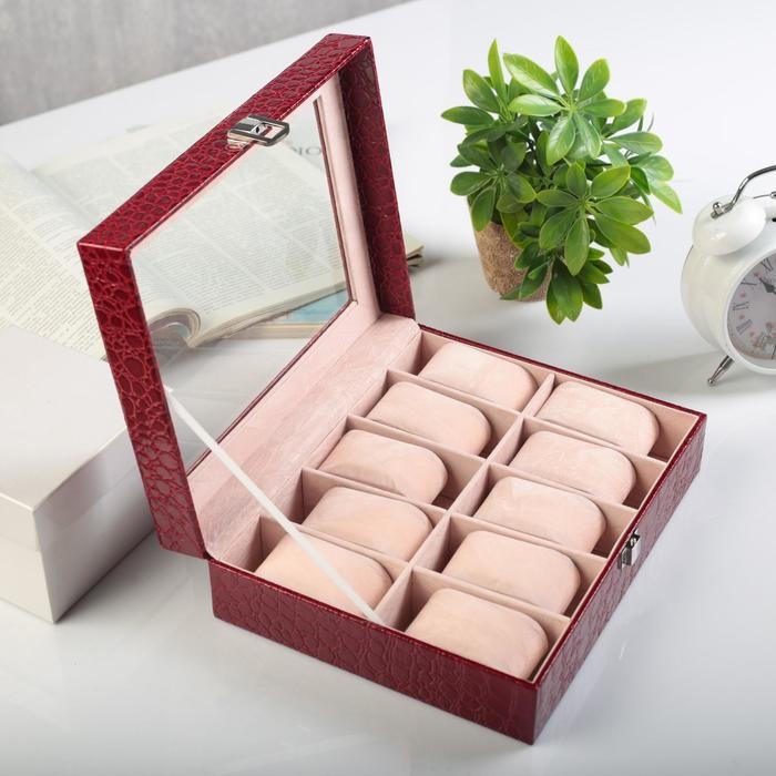 Шкатулка под часы 10 отделений  Шкатулка под часы 10 отделений "Рептилия" красная лак 25,7х11х7,5 см