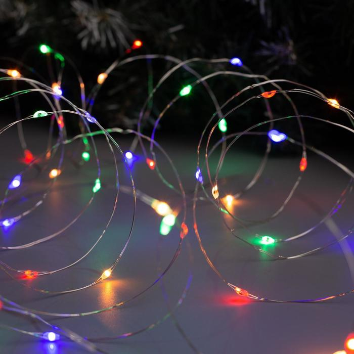 Гирлянда «Нить» 5 м роса, IP20, серебристая нить, 50 LED, 2 режима, батарейки AAх3 (нет в комплекте), свечение тёплое белое / мульти Гирлянда «Нить» 5 м роса, IP20, серебристая нить, 50 LED, 2 режима, батарейки AAх3 (нет в комплекте), свечение тёплое белое / мульти
