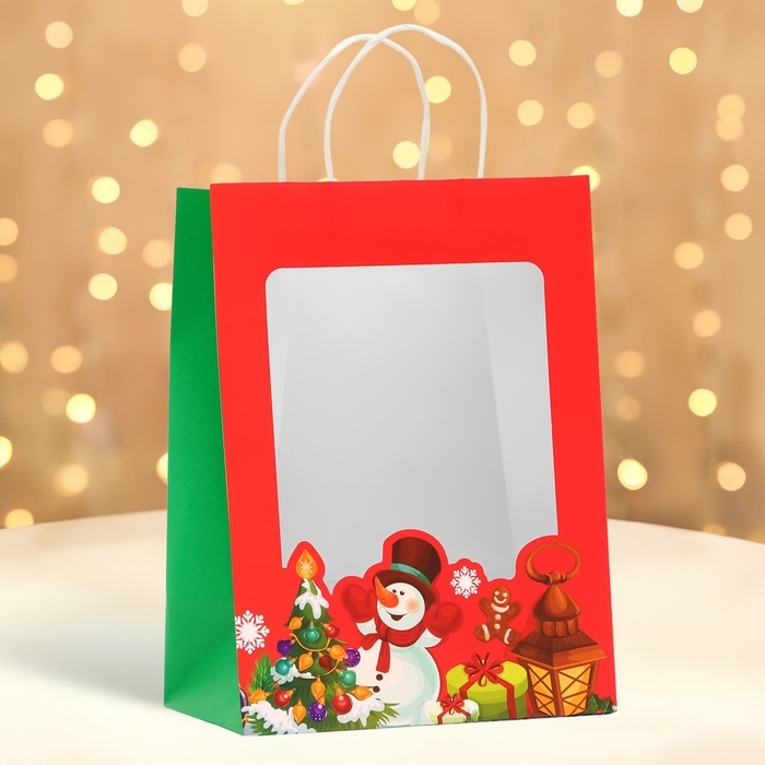 Пакет подарочный новогодний с окном Пакет подарочный новогодний с окном "Снеговик"30 х 22 х 14 см.