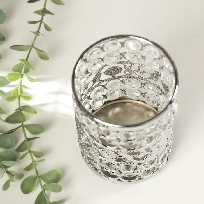 Подсвечник металл, стекло на 1 свечу "Кристаллы и подсолнухи" серебро 13х9х9 см