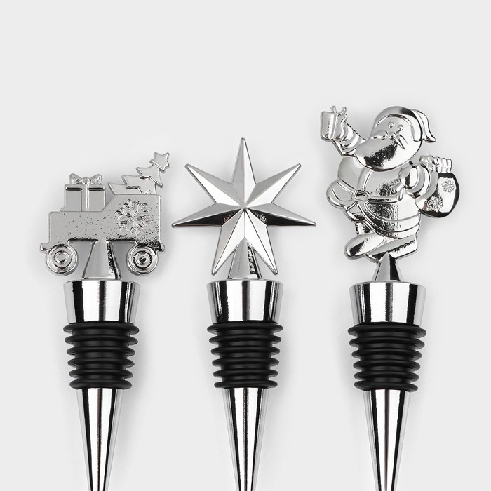 Набор пробок для бутылок Доляна «Новогодний», 3 шт, цвет серебристый Набор пробок для бутылок Доляна «Новогодний», 3 шт, цвет серебристый