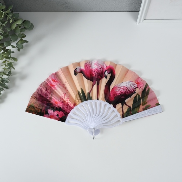 Веер пластик, текстиль  Веер пластик, текстиль "Розовый фламинго" МИКС 23 см