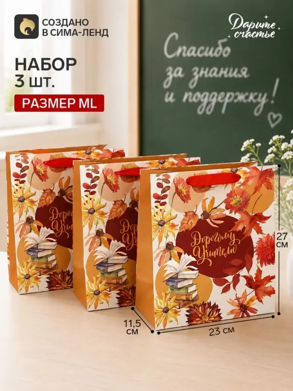 Пакеты подарочные &laquo;Дорогому учителю&raquo;, набор 3 шт., ML 27&times;23&times;11.5 см