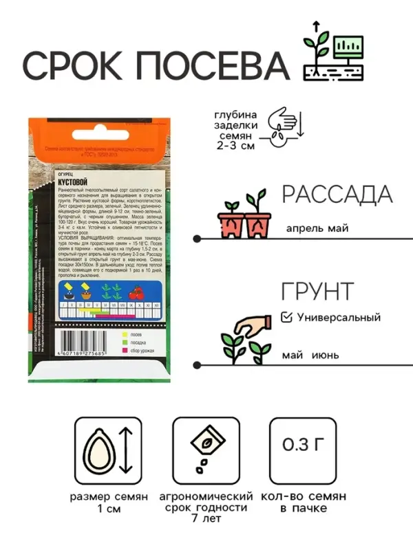 Семена Огурец "Кустовой" раннеспелый, пчелоопыляемый, 0,3 г