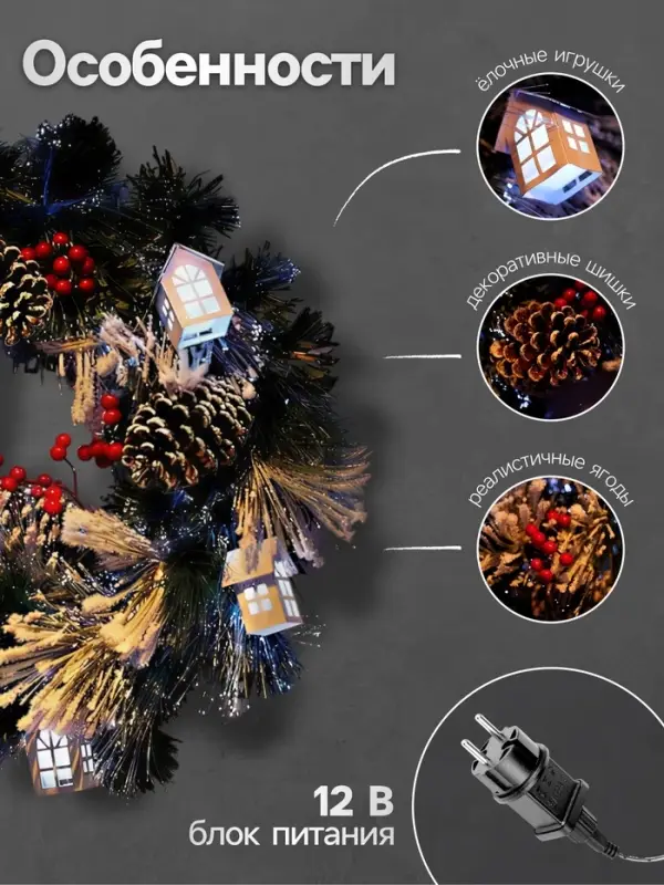 Венок светодиодный &laquo;Заснеженный&raquo;, d=50 см, 8 режимов