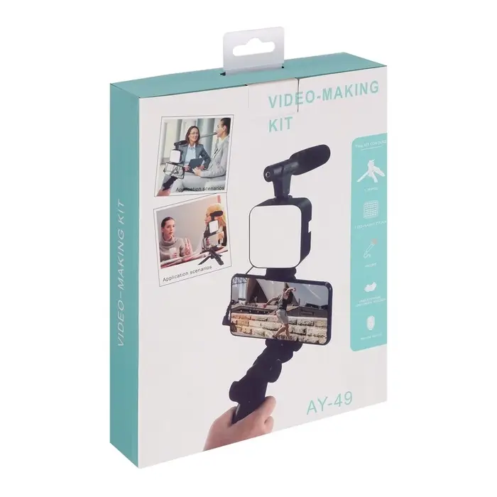 Набор блогера AY-49, штатив для телефона с лампой, микрофон, Bluetooth кнопка, чёрный Набор блогера AY-49, штатив для телефона с лампой, микрофон, Bluetooth кнопка, чёрный