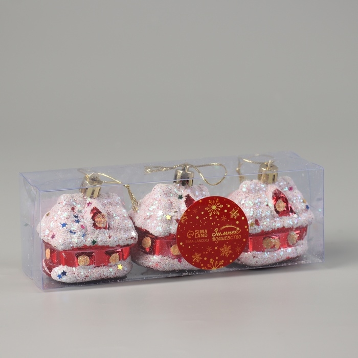 Украшение ёлочное Украшение ёлочное "Заснеженный домик" (набор 3 шт) 6х5 см, красно-белый