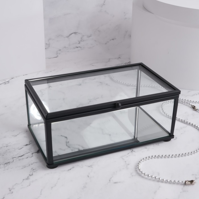 Органайзер для хранения, 1 секция, с крышкой, стеклянный, с зеркальным основанием, 14,5 &times; 8,5 см, цвет прозрачный/чёрный