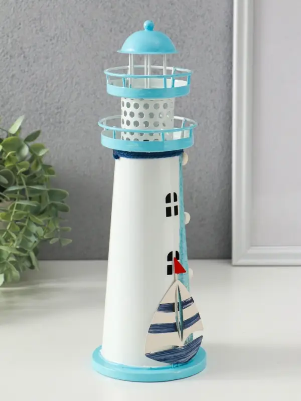 Сувенир настольный "Маяк с парусником" голубой, 3хLR1130, RGB, LED 9,5х9,5х28,5 см