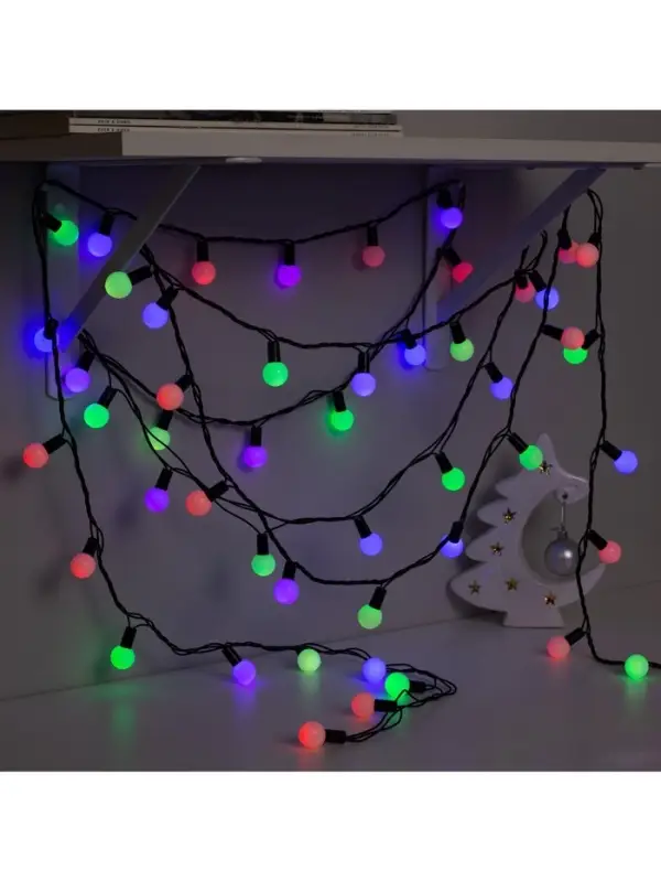 Гирлянда &laquo;Нить&raquo; 10 м с насадками &laquo;Шарики 2.5 см&raquo;, IP44, тёмная нить, 100 LED, свечение мульти (RG/RB), мигание, 220 В