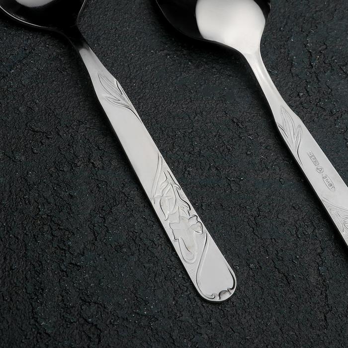 Ложка десертная &laquo;Цветы&raquo;, h=14,5 см, толщина 1,5 мм, цвет серебряный