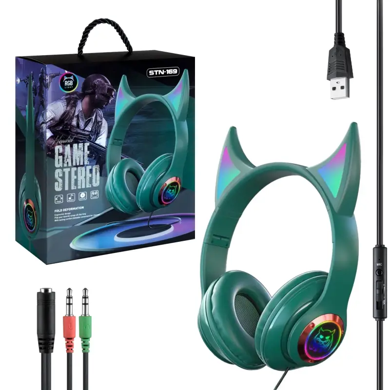 Наушники с подсветкой STN-169 Green Jack 3.5mm Наушники с подсветкой STN-169 Green Jack 3.5mm