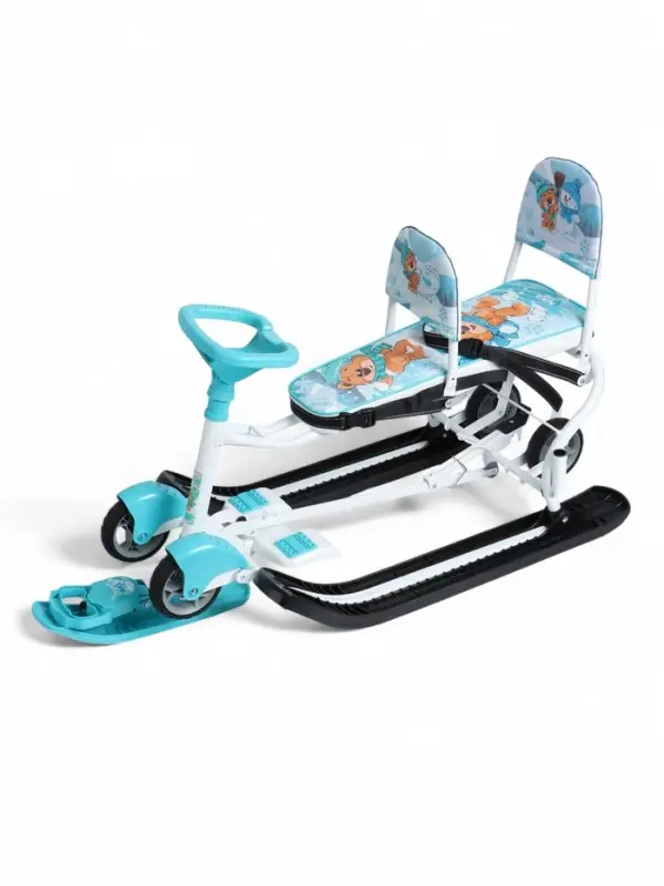 Снегокат «Тимка спорт 6Д» с забавными медвежатами, с двумя спинками, с родительской ручкой, бирюзовый, ТС6Д/ЗМ Nika