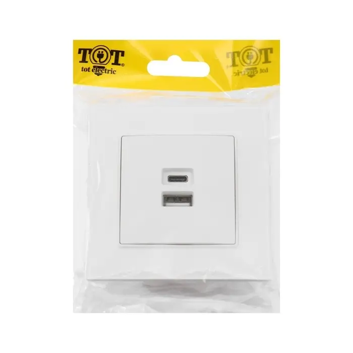 Розетка TOT Matte Glass, 5 В, 2.1 A, разъёмы USB-A + USB-C, стекло, скрытая, белая