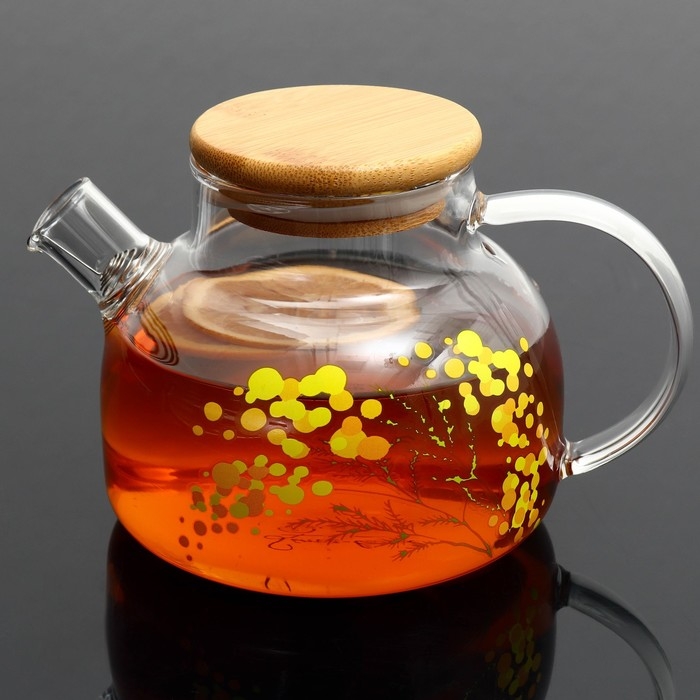 Чайник стеклянный заварочный с бамбуковой крышкой «Нежная мимоза», 600 мл Чайник стеклянный заварочный с бамбуковой крышкой «Нежная мимоза», 600 мл