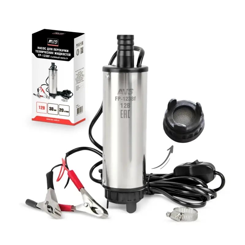 Насос для перекачки тех. жидкостей погружной AVS FP-1238f (12V/3,5А/20л/м./d=38 мм/съемный фильтр)