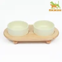 Миски двойные на подставке, 2&times;450 мл 28.5&times;15.5&times;7 см, керамика, светло-зелёные