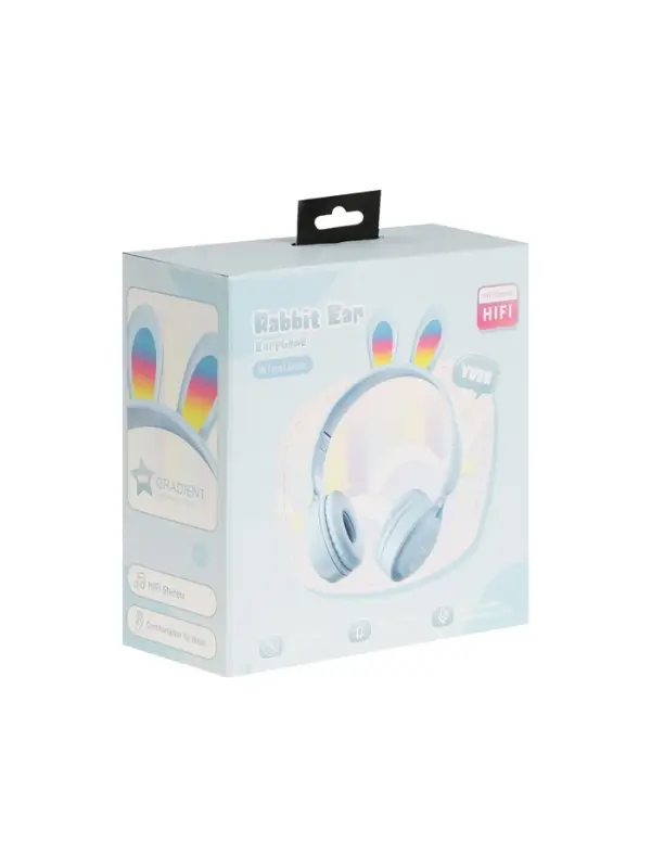 Наушники детские, беспроводные, накладные, с ушками зайца, Y08R, Bluetooth 5.1, с микрофоном, с подсветкой, 400 мАч, синий
