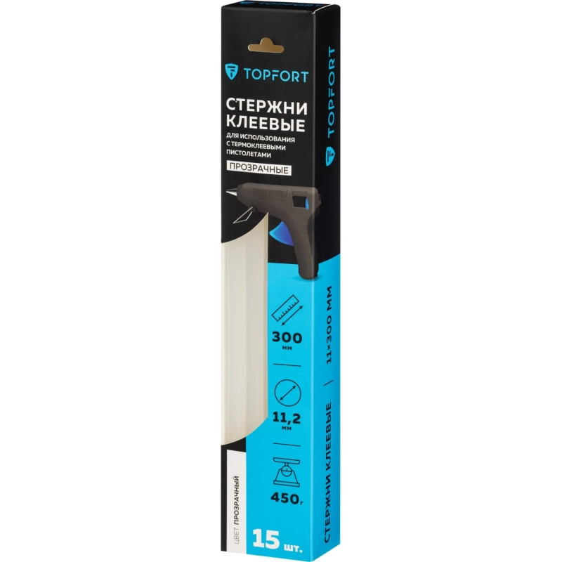 Стержни клеевые прозрачные 11x300, упаковка 15 штук, Topfort