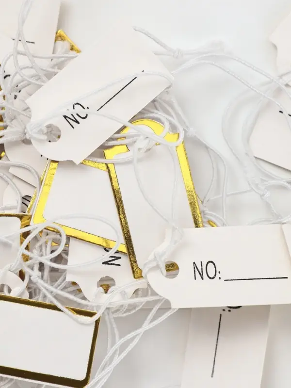 Ценники на верёвке, 100 шт. отверстие 3 мм, 1.3&times;2.5 см, белые, золотой