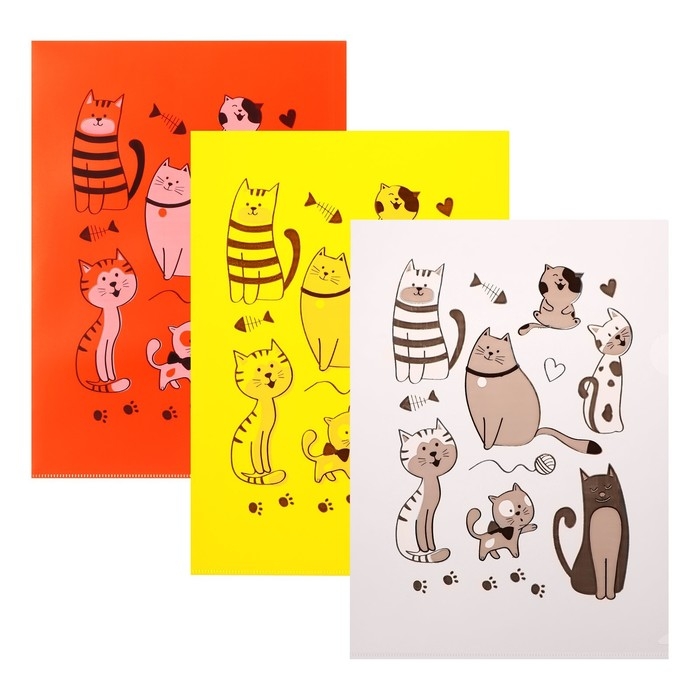 Набор папок-уголков А4, 180 мкм, Calligrata Набор папок-уголков А4, 180 мкм, Calligrata "Котики", полупрозрачные, 6 штук, с принтом, микс