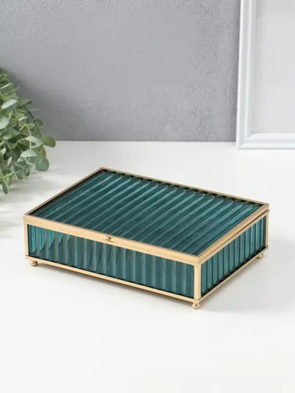 Шкатулка стекло с металлическим каркасом  "Линии" голубая 17х21,5х6,5 см