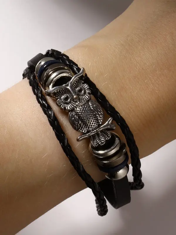 Браслет кожа &laquo;Совушка&raquo;, чёрный в серебре, L=20 см