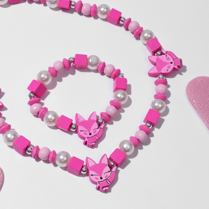 Набор детский «Выбражулька» 2 предмета: бусы, браслет, лисята, цвет ярко-розовый Набор детский «Выбражулька» 2 предмета: бусы, браслет, лисята, цвет ярко-розовый