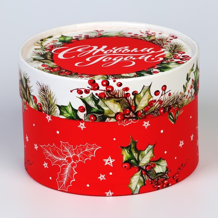 Новый год. Коробка подарочная новогодняя для макарун тубус без окна Новый год. Коробка подарочная новогодняя для макарун тубус без окна "Листья", 13 х 8,5 см.