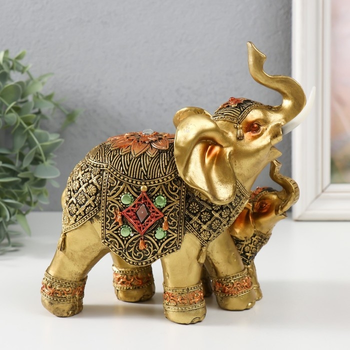 Сувенир полистоун Сувенир полистоун "Слониха и слонёнок в попоне с цветком" бронза 15х12,5х17,5 см