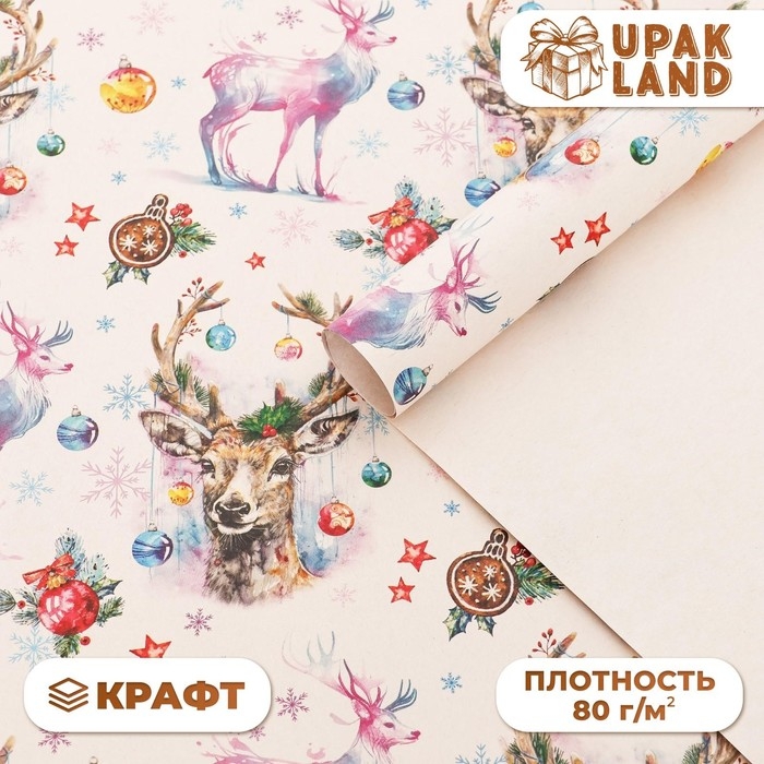 Новый год. Бумага упаковочная крафт белый Новый год. Бумага упаковочная крафт белый "Олени", 70 х 100 см,1 лист,