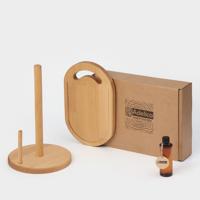 Подарочный набор деревянной посуды Adelica, разделочная доска, держатель для кухонных принадлежностей, масло в подарок 100 мл, берёза Подарочный набор деревянной посуды Adelica, разделочная доска, держатель для кухонных принадлежностей, масло в подарок 100 мл, берёза