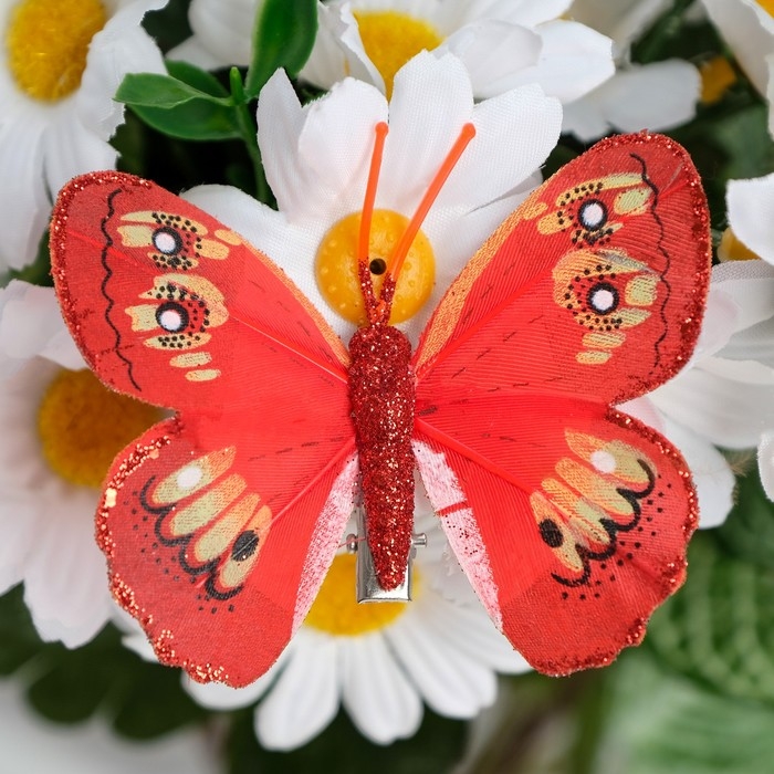Бабочки для декора и флористики, на прищепке, пластиковые, красные, микс, 5 см и 8 см Бабочки для декора и флористики, на прищепке, пластиковые, красные, микс, 5 см и 8 см