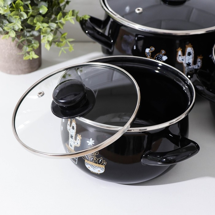 Набор кастрюль «Чёрные кактусы», 3 предмета: 2,1 л, 3,1 л, 4 л, индукция Набор кастрюль «Чёрные кактусы», 3 предмета: 2,1 л, 3,1 л, 4 л, индукция