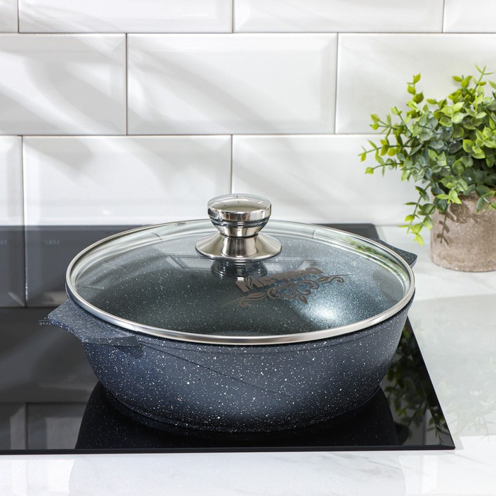 Жаровня «Гранит», 3 л, d=26 см, h=8 см, антипригарное покрытие, стеклянная крышка, цвет серый Жаровня «Гранит», 3 л, d=26 см, h=8 см, антипригарное покрытие, стеклянная крышка, цвет серый