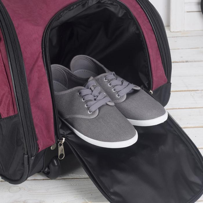 Сумка дорожная на колёсах, отдел на молнии, отдел для обуви, 3 наружных кармана, длинный ремень, цвет чёрный/бордовый Сумка дорожная на колёсах, отдел на молнии, отдел для обуви, 3 наружных кармана, длинный ремень, цвет чёрный/бордовый