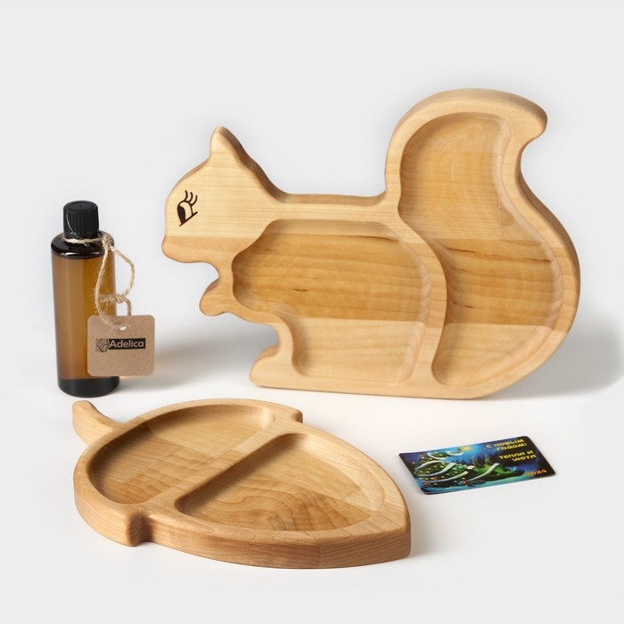Подарочный набор деревянной посуды Adelica «Белка с орехом», менажницы: белка 25×19 см, орех 25×16 см, масло 100 мл, магнит в подарок Подарочный набор деревянной посуды Adelica «Белка с орехом», менажницы: белка 25×19 см, орех 25×16 см, масло 100 мл, магнит в подарок