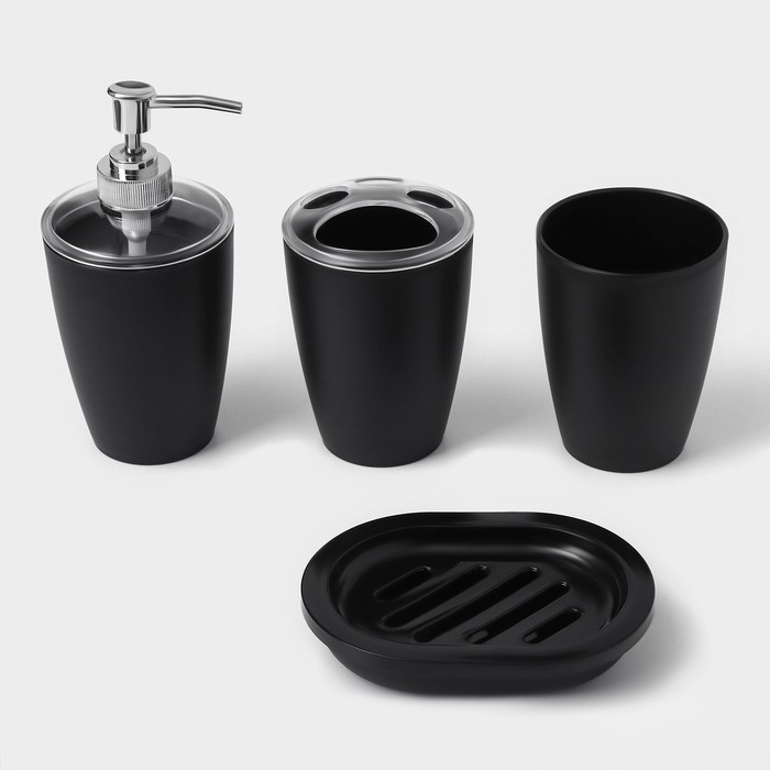 Набор для ванной «Эталон», 4 предмета: дозатор для мыла, мыльница, 2 стакана, 24×8×17 см, цвет чёрный Набор для ванной «Эталон», 4 предмета: дозатор для мыла, мыльница, 2 стакана, 24×8×17 см, цвет чёрный