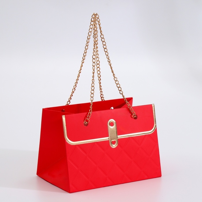 Пакет для цветов, ручка цепь,  Пакет для цветов, ручка цепь, "Красный", с золотым тиснением, 15 х 10,5 х 10 см