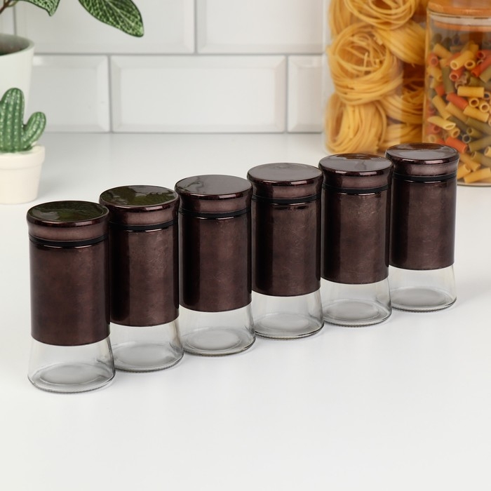 Набор стеклянных ёмкостей для специй на металлической подставке «Богема», 5,5×11 см, 6 шт, цвет коричневый Набор стеклянных ёмкостей для специй на металлической подставке «Богема», 5,5×11 см, 6 шт, цвет коричневый