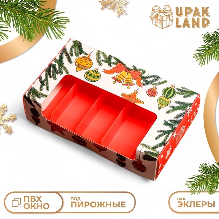 Новый год. Кондитерская упаковка под 5 эклеров  Новый год. Кондитерская упаковка под 5 эклеров "Праздничное настроение", 25,2 х 15 х 6,6 см
