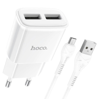 Сетевое зарядное устройство Hoco C88A, 2 USB, 2.4 А, кабель Micro USB - USB, 1 м, белый