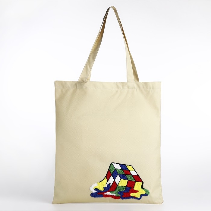 Шопер текстильный с вышивкой «Кубик» , 40х35 см, бежевый цвет Шопер текстильный с вышивкой «Кубик» , 40х35 см, бежевый цвет