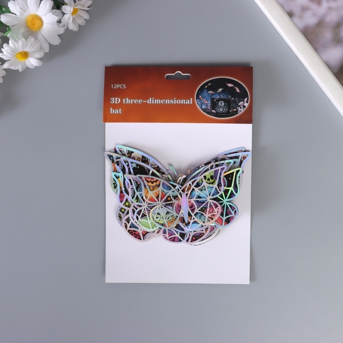 Наклейка бумага, пластик  Наклейка бумага, пластик "Бабочки на Хэллоуин" серебро набор 12 шт