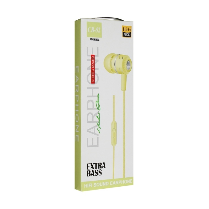 Наушники CB-52, проводные, вакуумные, микрофон, 1 м, Jack 3.5 мм, жёлтые Наушники CB-52, проводные, вакуумные, микрофон, 1 м, Jack 3.5 мм, жёлтые
