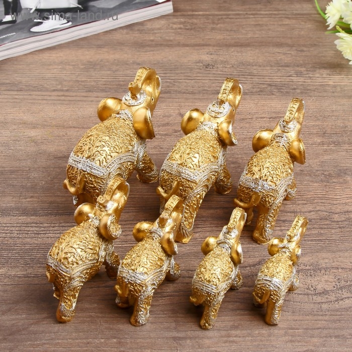 Сувенир полистоун Сувенир полистоун "Золотые слоны - корни деревьев" н-р 7 шт h=9;8,5;7,7;6,5;6,2;5,4;4,2 см