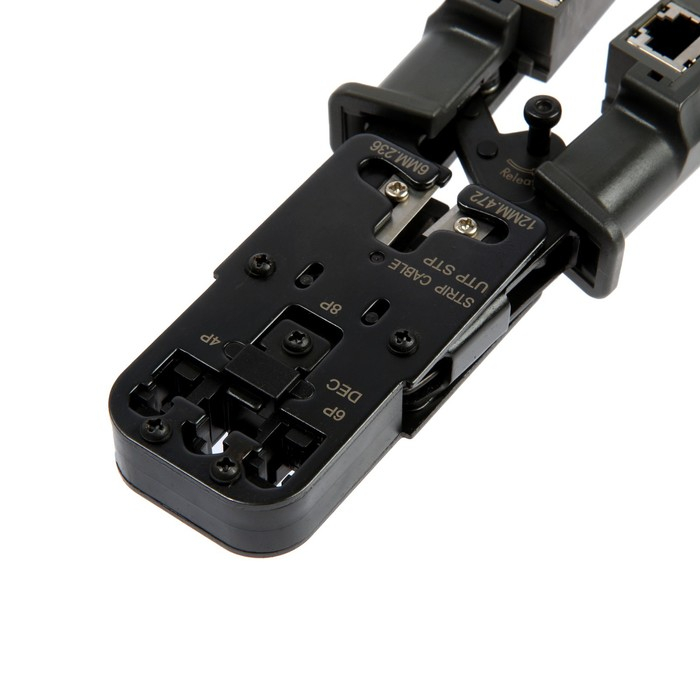 Кримпер-тестер ТУНДРА, с тестером кабеля, RJ-45 8P, RJ-12 6P, RJ-11 4P, вертикальный обжим Кримпер-тестер ТУНДРА, с тестером кабеля, RJ-45 8P, RJ-12 6P, RJ-11 4P, вертикальный обжим